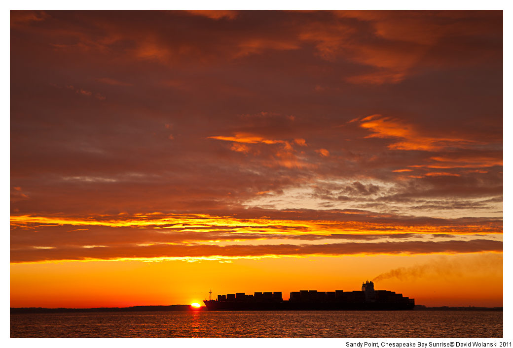 Cargo Container ship, and sunrise, Chesapeake Bay